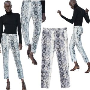 Zara cream gray snake print cropped slim fit cigarette pants Sz M